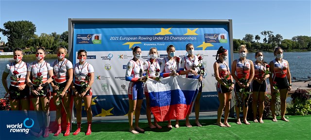 Tatiana Ustselemova (b), Iana Merenkova, Anastasiia Liubich, Elizaveta Kovina (s), Russia, gold, Salome Ulrich (b), Nina Wettstein, Lisa Loetscher, Celia Dupre (s), Switzerland, silver, Barbara Streng (b), Paulina Chrzanowska, Katarzyna Duda, Barbara Jechorek (s), Poland, bronze, Women's Quadruple Sculls, 2021 European Rowing Under 23 Championships, Kruszwica, Poland / Detlev Seyb/MyRowingPhoto.com