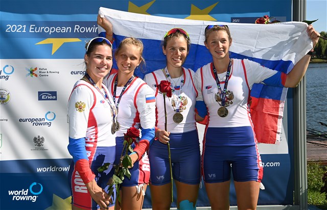 Tatiana Ustselemova (b), Iana Merenkova, Anastasiia Liubich, Elizaveta Kovina (s), Women's Quadruple Sculls, Russia, gold, 2021 European Rowing Under 23 Championships, Kruszwica, Poland / Detlev Seyb/MyRowingPhoto.com