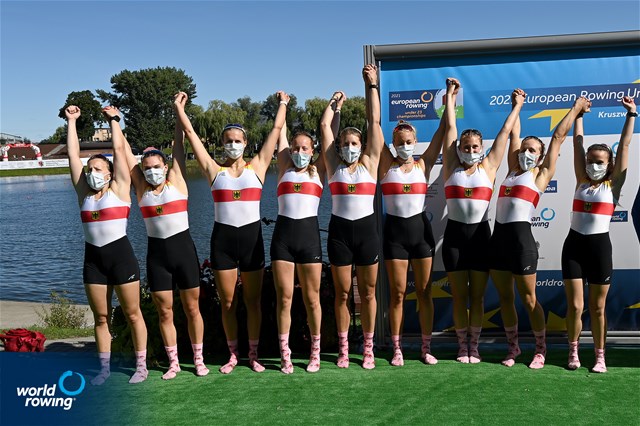 Sarjana Klamp (b), Annika Elsen, Paula Gerundt, Lena Hansen, Annabelle Bachmann, Lene Muehrs, Patricia Schwarzhuber, Elisa Patzelt (s), Annalena Fisch (c), Women's Eight, Germany, silver, 2021 European Rowing Under 23 Championships, Kruszwica, Poland / Detlev Seyb/MyRowingPhoto.com