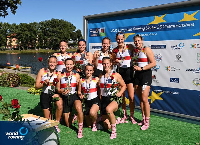 Sarjana Klamp (b), Annika Elsen, Paula Gerundt, Lena Hansen, Annabelle Bachmann, Lene Muehrs, Patricia Schwarzhuber, Elisa Patzelt (s), Annalena Fisch (c), Women's Eight, Germany, silver, 2021 European Rowing Under 23 Championships, Kruszwica, Poland / Detlev Seyb/MyRowingPhoto.com