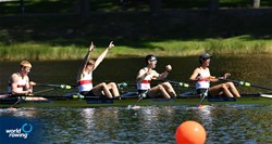 Adrian Reinstaedler (b), Jakob Waldhelm, Oskar Kroglowski, Zeno Robertson (s), Lightweight Men's Quadruple Sculls, Germany, gold, 2021 European Rowing Under 23 Championships, Kruszwica, Poland / Detlev Seyb/MyRowingPhoto.com