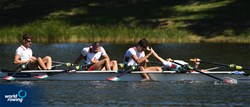 Henry Egon Bridge (b), Tamas Fenyodi, Csiko Balint Palfai, Balazs Szollosi (s), Lightweight Men's Quadruple Sculls, Hungary, bronze, 2021 European Rowing Under 23 Championships, Kruszwica, Poland / Detlev Seyb/MyRowingPhoto.com