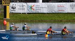 Dovydas Stankunas (b), Domantas Stankunas (s), Men's Pair, Lithuania, Dumitru-Alexandru Ciobica (b), Florin Lehaci (s), Men's Pair, Romania, 2021 European Rowing Under 23 Championships, Kruszwica, Poland / Detlev Seyb/MyRowingPhoto.com