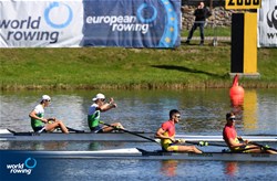 Dovydas Stankunas (b), Domantas Stankunas (s), Men's Pair, Lithuania, Dumitru-Alexandru Ciobica (b), Florin Lehaci (s), Men's Pair, Romania, 2021 European Rowing Under 23 Championships, Kruszwica, Poland / Detlev Seyb/MyRowingPhoto.com