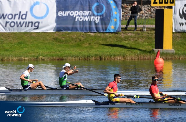 Dovydas Stankunas (b), Domantas Stankunas (s), Men's Pair, Lithuania, Dumitru-Alexandru Ciobica (b), Florin Lehaci (s), Men's Pair, Romania, 2021 European Rowing Under 23 Championships, Kruszwica, Poland / Detlev Seyb/MyRowingPhoto.com