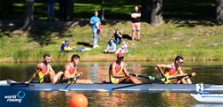 Stefan Berariu (b), Alexandru-Laurentiu Danciu, Florin Arteni, Ciprian Huc (s), Men's Four, Romania, 2021 European Rowing Under 23 Championships, Kruszwica, Poland / Detlev Seyb/MyRowingPhoto.com