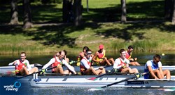 Dzianis Klimiato (b), Aliaksandr Yaskel, Aliaksei Bandziuk, Anton Kupalau (s), Men's Four, Belarus, 2021 European Rowing Under 23 Championships, Kruszwica, Poland / Detlev Seyb/MyRowingPhoto.com