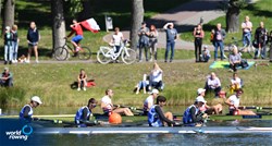 Dimitrios Zografos (b), Pavlos Faitas, Stefanos Kapakoglou, Theodoros Lapikof (s), Men's Four, Greece, 2021 European Rowing Under 23 Championships, Kruszwica, Poland / Detlev Seyb/MyRowingPhoto.com