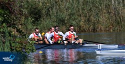Dzianis Klimiato (b), Aliaksandr Yaskel, Aliaksei Bandziuk, Anton Kupalau (s), Men's Four, Belarus, 2021 European Rowing Under 23 Championships, Kruszwica, Poland / Detlev Seyb/MyRowingPhoto.com