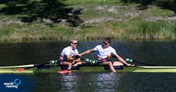 Gian Struzina (b), Raphael Ahumada Ireland (s), Lightweight Men's Double Sculls, Switzerland, 2021 European Rowing Under 23 Championships, Kruszwica, Poland / Detlev Seyb/MyRowingPhoto.com