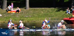 Tatiana Ustselemova (b), Iana Merenkova, Anastasiia Liubich, Elizaveta Kovina (s), Women's Quadruple Sculls, Russia, 2021 European Rowing Under 23 Championships, Kruszwica, Poland / Detlev Seyb/MyRowingPhoto.com