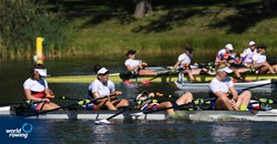 Valentyna Solarova (b), Zuzana Stepankova, Michala Pospisilova, Alzbeta Zavadilova (s), Women's Quadruple Sculls, Czech Republic, 2021 European Rowing Under 23 Championships, Kruszwica, Poland / Detlev Seyb/MyRowingPhoto.com