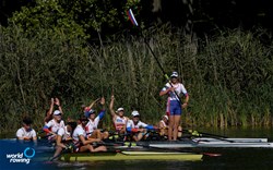 Tatiana Ustselemova (b), Iana Merenkova, Anastasiia Liubich, Elizaveta Kovina (s), Women's Quadruple Sculls, Russia, 2021 European Rowing Under 23 Championships, Kruszwica, Poland / Detlev Seyb/MyRowingPhoto.com