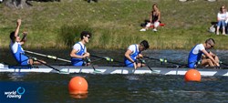 Lorenzo Gaione (b), Leonardo Tedoldi, Francesco Molinari, Pietro Cangialosi (s), Men's Quadruple Sculls, Italy, 2021 European Rowing Under 23 Championships, Kruszwica, Poland / Detlev Seyb/MyRowingPhoto.com