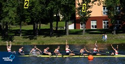 Sarjana Klamp (b), Annika Elsen, Paula Gerundt, Lena Hansen, Annabelle Bachmann, Lene Muehrs, Patricia Schwarzhuber, Elisa Patzelt (s), Annalena Fisch (c), Women's Eight, Germany, 2021 European Rowing Under 23 Championships, Kruszwica, Poland / Detlev Seyb/MyRowingPhoto.com