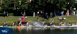 Isaac Workman (b), Theodore Darlow, James Forward, Henry Marles, James Doran, Joshua Bowesman-Jones, Jack Prior, Frederick Allinson (s), William Le Brocq (c), Men's Eight, Great Britain, 2021 European Rowing Under 23 Championships, Kruszwica, Poland / Detlev Seyb/MyRowingPhoto.com