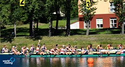 Soeren Henkel (b), Paul Burger, Jannik Metzger, Soenke Kruse, Ole Kruse, Frederik Breuer, Paul Klapperich, Julius Lingnau (s), Florian Wuenscher (c), Men's Eight, Germany, 2021 European Rowing Under 23 Championships, Kruszwica, Poland / Detlev Seyb/MyRowingPhoto.com