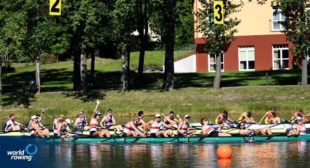 Soeren Henkel (b), Paul Burger, Jannik Metzger, Soenke Kruse, Ole Kruse, Frederik Breuer, Paul Klapperich, Julius Lingnau (s), Florian Wuenscher (c), Men's Eight, Germany, 2021 European Rowing Under 23 Championships, Kruszwica, Poland / Detlev Seyb/MyRowingPhoto.com