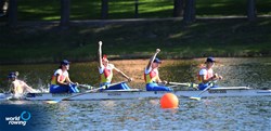 Amalia Bucu (b), Larisa-Andreea Bogdan, Manuela-Gabriela Lungu, Cosmina-Maria Podaru (s), Victoria-Stefania Petreanu (c), Women's Coxed Four, Romania, 2021 European Rowing Under 23 Championships, Kruszwica, Poland / Detlev Seyb/MyRowingPhoto.com