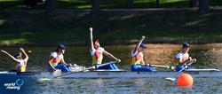 Amalia Bucu (b), Larisa-Andreea Bogdan, Manuela-Gabriela Lungu, Cosmina-Maria Podaru (s), Victoria-Stefania Petreanu (c), Women's Coxed Four, Romania, 2021 European Rowing Under 23 Championships, Kruszwica, Poland / Detlev Seyb/MyRowingPhoto.com