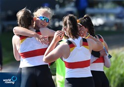Lena Radke (b), Celina Waldschmidt, Leandra Reich, Chiara Kracklauer (s), Janne-Marit Boerger (c), Women's Coxed Four, Germany, 2021 European Rowing Under 23 Championships, Kruszwica, Poland / Detlev Seyb/MyRowingPhoto.com