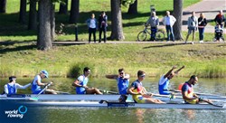 Andrea Carando (b), Davide Verita', Alessandro Bonamoneta, Nunzio Di Colandrea (s), Emanuele Capponi (c), Men's Coxed Four, Italy2021 European Rowing Under 23 Championships, Kruszwica, Poland / Detlev Seyb/MyRowingPhoto.com