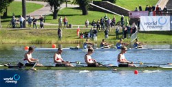 Ben Gebauer (b), Raoul Overath, Leonard Buehrke, Tjark Loewa (s), Elisa Saks (c), Men's Coxed Four, Germany, 2021 European Rowing Under 23 Championships, Kruszwica, Poland / Detlev Seyb/MyRowingPhoto.com