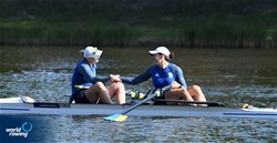 Svitlana Skrobalo (b), Viktoriia Nahorna (s), Women's Pair, Ukraine, 2021 European Rowing Under 23 Championships, Kruszwica, Poland / Detlev Seyb/MyRowingPhoto.com
