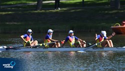 Andreea Popa (b), Maria Tivodariu, Magdalena Rusu, Alina-Maria Baletchi (s), Women's Four, Romania, 2021 European Rowing Under 23 Championships, Kruszwica, Poland / Detlev Seyb/MyRowingPhoto.com