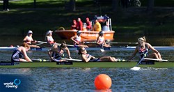 Phoebe Snowden (b), Hannah Cooper, Georgina Robinson Ranger, Isabelle Hawes (s), Women's Four, Great Britain, 2021 European Rowing Under 23 Championships, Kruszwica, Poland / Detlev Seyb/MyRowingPhoto.com
