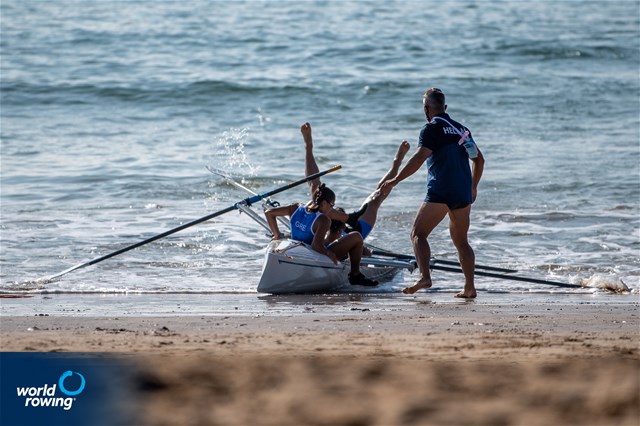 Zoi Fitsiou (b), Ioannis Kalandaridis (s), Mixed Double, Greece, 2021 World Rowing Beach Sprint Finals, Oeiras, Portugal / World Rowing/Benedict Tufnell