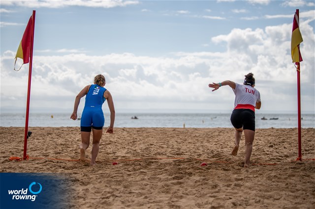 Alice Ramella, Italy, Khadija Krimi, Tunisia, Women's Solo, 2021 World Rowing Beach Sprint Finals, Oeiras, Portugal / World Rowing/Benedict Tufnell
