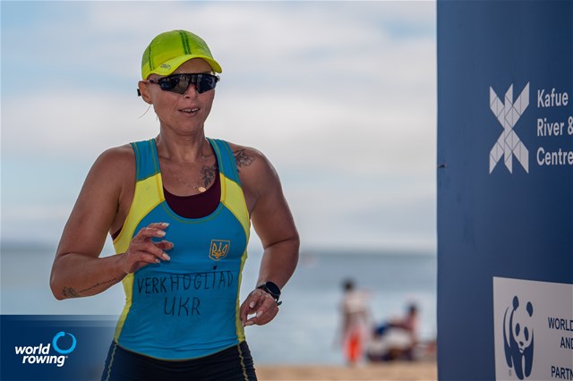 Daryna Verkhogliad (b), Women's Double, Ukraine, 2021 World Rowing Coastal Championships, Oeiras, Portugal / World Rowing/Benedict Tufnell