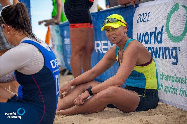 Daryna Verkhogliad (b), Women's Double, Ukraine, 2021 World Rowing Coastal Championships, Oeiras, Portugal / World Rowing/Benedict Tufnell