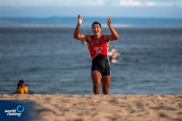 Dominykas Jancionis (b), Martyna Kazlauskaite (s), Lithuania, gold, Silvia Tripi (b), Federico Ceccarino (s), Italy, silver, Ander Martin (b), Esther Briz Zamorano (s), Spain, bronze, Coastal Mixed Double Sculls, 2024 World Rowing Beach Sprint Finals, Genoa, Italy / © World Rowing / Benedict Tufnell