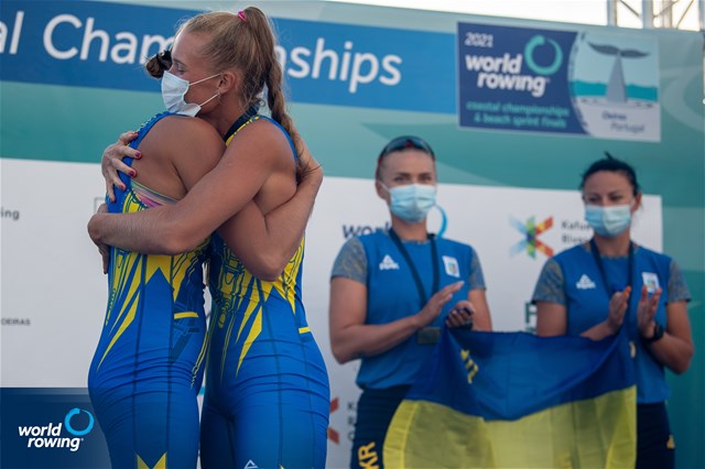 Anastasiia Kozhenkova (b), Kateryna Dudchenko (s), Women's Double, Ukraine, 2021 World Rowing Coastal Championships, Oeiras, Portugal / World Rowing/Benedict Tufnell