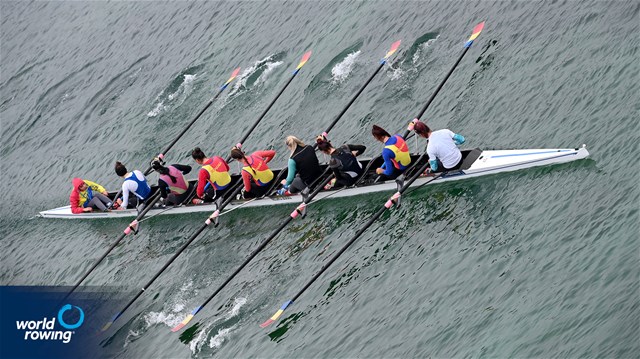 Elena Silvia Mocanu (b), Elena-Andreea Cerbu, Ana-Maria Loghin, Florentina-Georgiana Neculaeasa, Petruta-Ionela Popa, Alexandra-Georgiana Ruscuta, Valentina Amalia Azoitei, Mariana-Laura Dumitru (s), Victoria-Stefania Petreanu (c), Women's Eight, Romania, 2021 European Rowing Junior Championships, Munich, Germany / Detlev Seyb/MyRowingPhoto.com