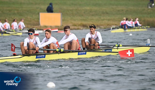Shamall Suero Santana (b), Robin Ruchti, Jonas Frei, Nicolas Chambers (s), Men's Four, Switzerland, 2021 European Rowing Junior Championships, Munich, Germany / Detlev Seyb/MyRowingPhoto.com