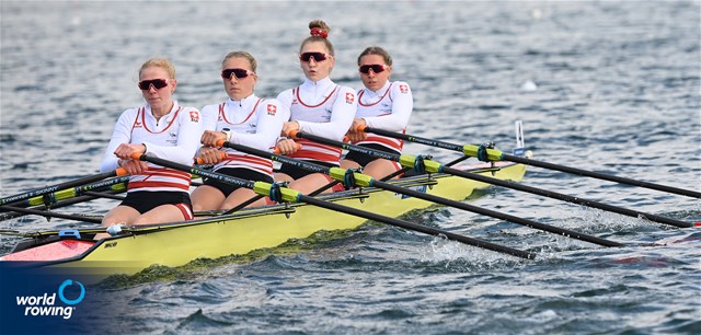 Thalia Ahumada Ireland (b), Nicole Schmid, Lina Kuehn, Alexa Von Der Schulenburg (s), Women's Quadruple Sculls, Switzerland, 2021 European Rowing Junior Championships, Munich, Germany / Detlev Seyb/MyRowingPhoto.com