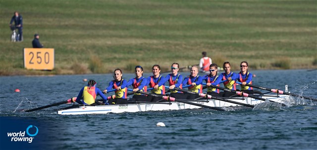 Elena Silvia Mocanu (b), Elena-Andreea Cerbu, Ana-Maria Loghin, Florentina-Georgiana Neculaeasa, Petruta-Ionela Popa, Alexandra-Georgiana Ruscuta, Valentina Amalia Azoitei, Mariana-Laura Dumitru (s), Victoria-Stefania Petreanu (c), Women's Eight, Romania, 2021 European Rowing Junior Championships, Munich, Germany / Detlev Seyb/MyRowingPhoto.com