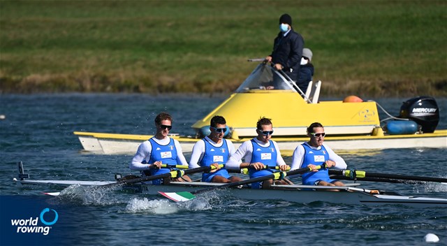Emilio Pappalettera (b), Simone Pappalepore, Luca Vicino, Marco Vicino (s), Andrea Pagliaro (c), Men's Coxed Four, Italy, 2021 European Rowing Junior Championships, Munich, Germany / Detlev Seyb/MyRowingPhoto.com