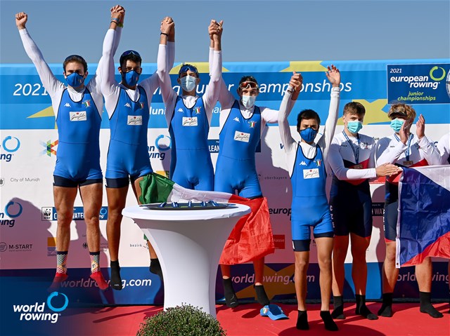 Emilio Pappalettera (b), Simone Pappalepore, Luca Vicino, Marco Vicino (s), Andrea Pagliaro (c), Men's Coxed Four, Italy, 2021 European Rowing Junior Championships, Munich, Germany / Detlev Seyb/MyRowingPhoto.com