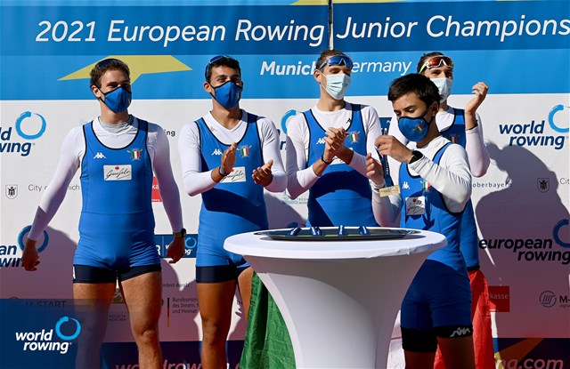 Emilio Pappalettera (b), Simone Pappalepore, Luca Vicino, Marco Vicino (s), Andrea Pagliaro (c), Men's Coxed Four, Italy, 2021 European Rowing Junior Championships, Munich, Germany / Detlev Seyb/MyRowingPhoto.com
