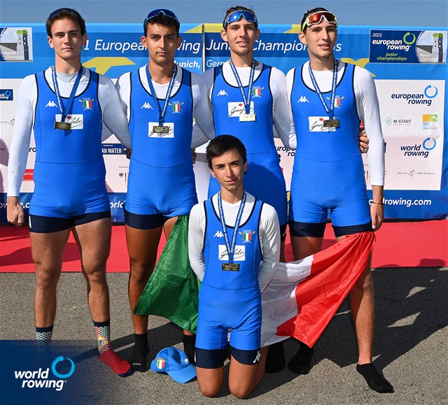 Emilio Pappalettera (b), Simone Pappalepore, Luca Vicino, Marco Vicino (s), Andrea Pagliaro (c), Men's Coxed Four, Italy, 2021 European Rowing Junior Championships, Munich, Germany / Detlev Seyb/MyRowingPhoto.com