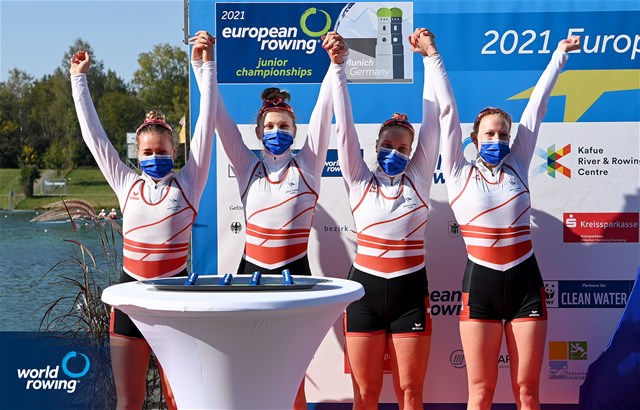 Thalia Ahumada Ireland (b), Nicole Schmid, Lina Kuehn, Alexa Von Der Schulenburg (s), Women's Quadruple Sculls, Switzerland, 2021 European Rowing Junior Championships, Munich, Germany / Detlev Seyb/MyRowingPhoto.com