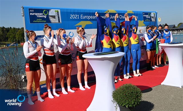 Ana-Maria Matran (b), Andreea-Fabiola Iorgovan, Diana-Ionela Petian, Elena-Diana Suta (s),  Romania, Gold, Thalia Ahumada Ireland (b), Nicole Schmid, Lina Kuehn, Alexa Von Der Schulenburg (s), Switzerland, Silver, Susanna Pedrola (b), Giulia Bosio, Alice Gnatta, Francesca Rubeo (s), Italy, Bronze, Women's Quadruple Sculls, 2021 European Rowing Junior Championships, Munich, Germany / Detlev Seyb/MyRowingPhoto.com
