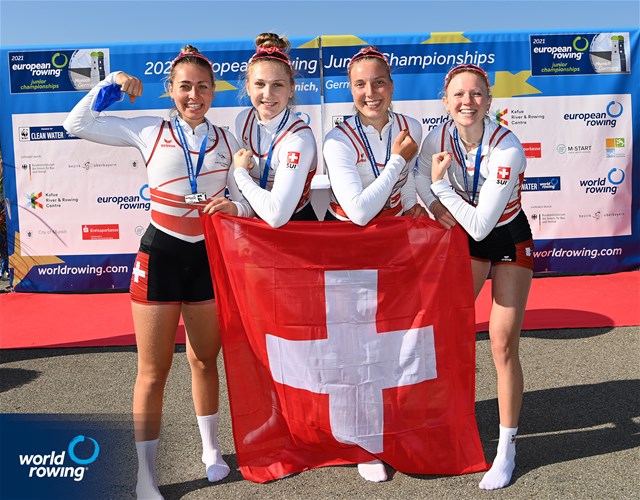 Thalia Ahumada Ireland (b), Nicole Schmid, Lina Kuehn, Alexa Von Der Schulenburg (s), Women's Quadruple Sculls, Switzerland, 2021 European Rowing Junior Championships, Munich, Germany / Detlev Seyb/MyRowingPhoto.com