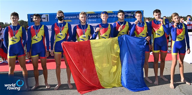 Cosmin Iulian Plesescu (b), Eduard Angel Moldovan, Andrei Hemen, Cornel-Traian Ieremciuc, Andrei-Vlad-Robert Vatamaniuc, Alexandru-Gabriel Stetco, Constantin Emanuele Sterea, Marian Stefan Dunca (s), Gavril Dumbrava (c), Men's Eight, Romania, 2021 European Rowing Junior Championships, Munich, Germany / Detlev Seyb/MyRowingPhoto.com