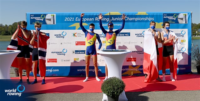 Andrei-Petrisor Axintoi (b), Iliuta-Leontin Nutescu (s), Romania, Gold, Aksel Wergeland (b), Einar Bjorvik (s), Norway, Silver, Tomasz Lewicki (b), Fryderyk Sobecki (s),  Poland, Bronze, Men's Pair, 2021 European Rowing Junior Championships, Munich, Germany / Detlev Seyb/MyRowingPhoto.com