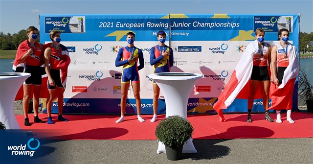 Andrei-Petrisor Axintoi (b), Iliuta-Leontin Nutescu (s), Romania, Gold, Aksel Wergeland (b), Einar Bjorvik (s), Norway, Silver, Tomasz Lewicki (b), Fryderyk Sobecki (s),  Poland, Bronze, Men's Pair, 2021 European Rowing Junior Championships, Munich, Germany / Detlev Seyb/MyRowingPhoto.com